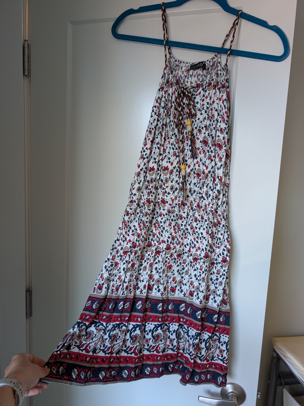 Italian Boho Floral Tiered Maxi Skirt - White with Red & Navy